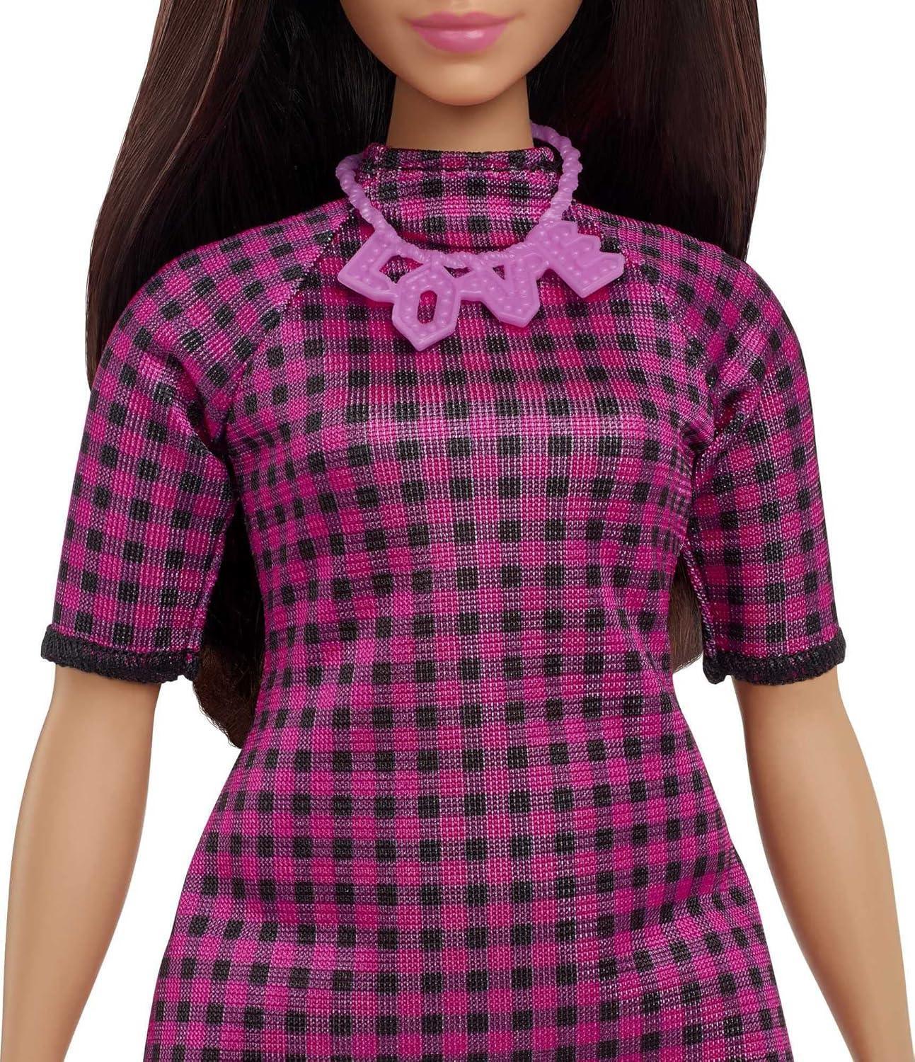 Barbie Fashionistas Doll #188, Curvy, Black Hair, Pink & Black Checkered Dress, Love Necklace, Pink Sneakers, Toy for Kids Ages 3 and Up - Jaiman Toys