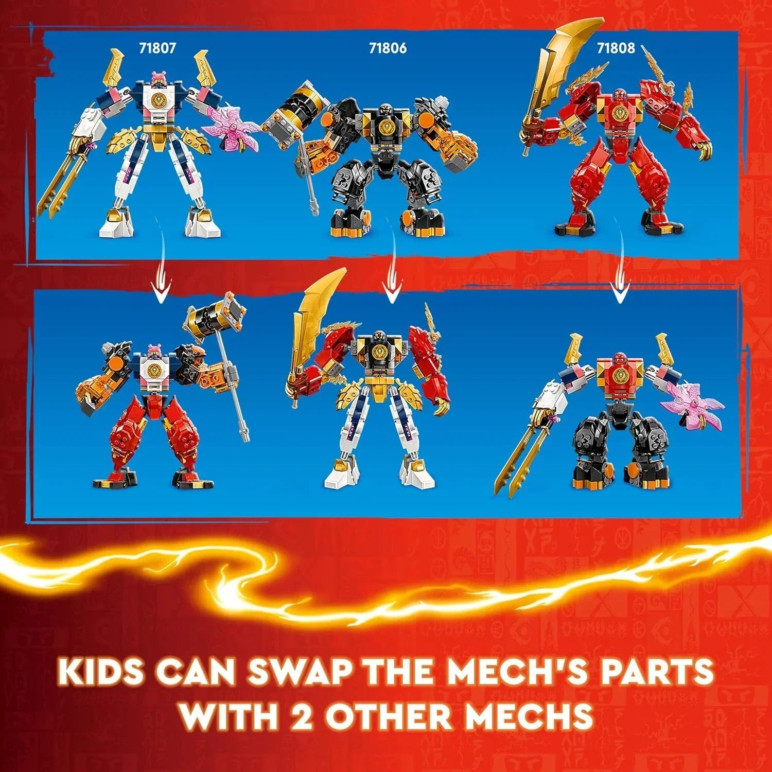 LEGO mech robot toys with swapable parts, showing three sets in different color combinations.