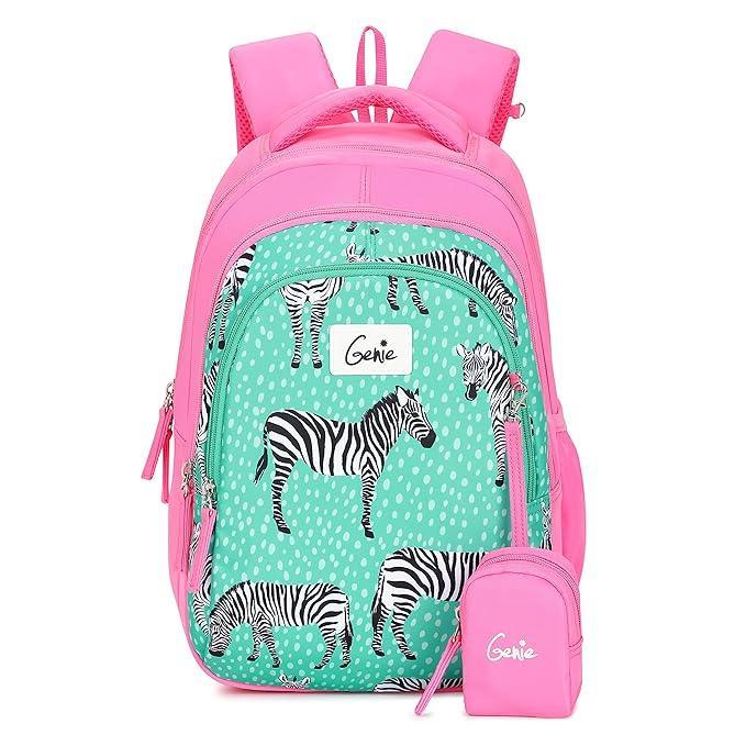 Genie Valerie Kids Backpacks, 15 inches, Cute, Colourful bags for girls, Water Resistant and Lightweight. 3 compartment with Happy Pouch - Jaiman Toys