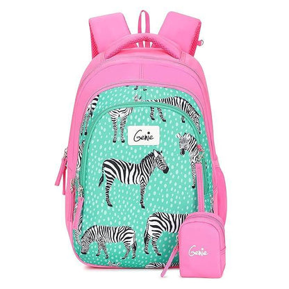 Genie Valerie Kids Backpacks, 15 inches, Cute, Colourful bags for girls, Water Resistant and Lightweight. 3 compartment with Happy Pouch - Jaiman Toys