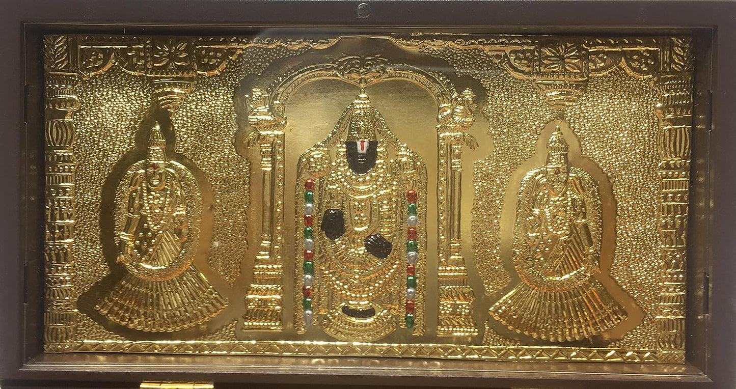 Balaji Wooden Shagun Gift Box with Gold-Plated Tirupati Balaji Frame & Charan Paduka | Premium Spiritual Gift Box for Wedding, Housewarming & Festive Occasions