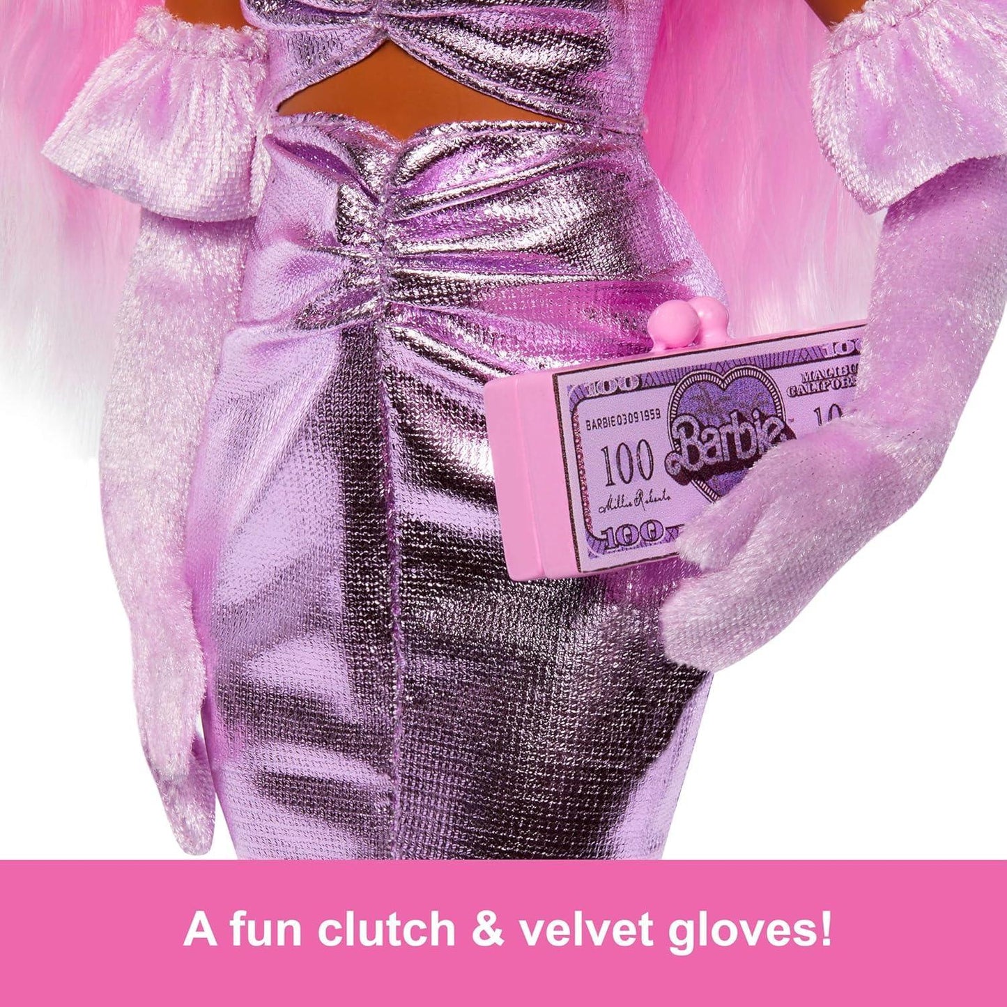 Barbie Deluxe Style Doll #1 in Barbiecore Outfit, Pink Hair and Glossy Pink Dress with Accessories Like Velvet Gloves, Money Purse, and More - Jaiman Toys