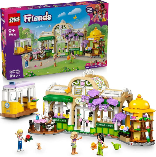 LEGO Friends 42671 Plant Café & Flower Shop Toy - Building Set with 4 Mini Dolls, a Cat Figure, a Tram and Kitchen Accessories incl. Pastries, Cups & a Teapot - Birthday Gift for 9+ Year Old Girls