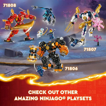 LEGO Ninjago playsets with action figures and mechs, set numbers 71806, 71807, 71808 displayed.