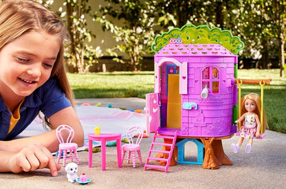 Barbie Chelsea Doll & Treehouse Playset with Pet Puppy – Dollhouse with Furniture, Slide & 10+ Accessories