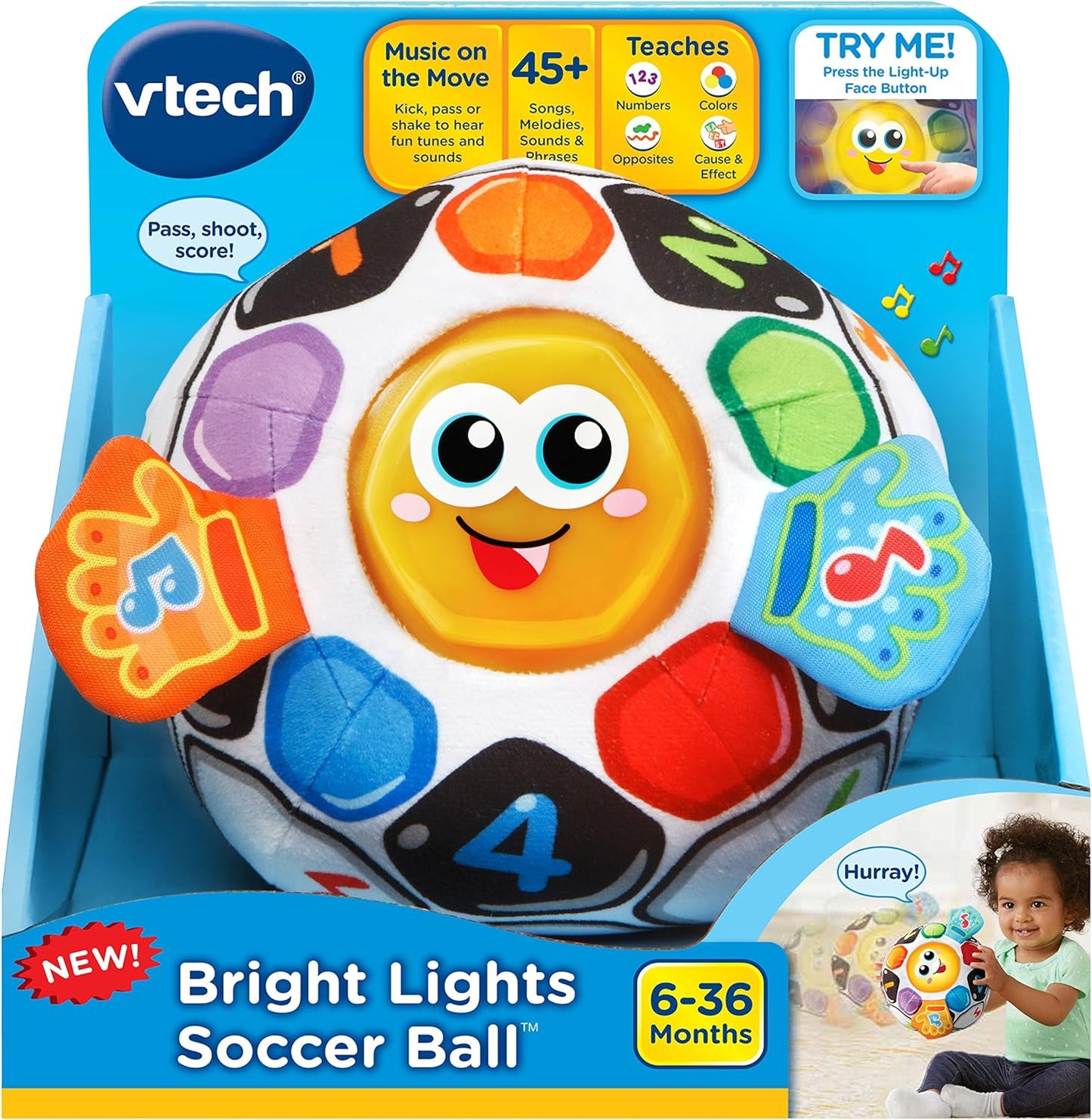 VTech Bright Lights Soccer Ball Interactive Musical Learning Toy with Lights, Sounds, Songs & Educational Activities | Soft Plush Sensory Ball for Babies & Toddlers