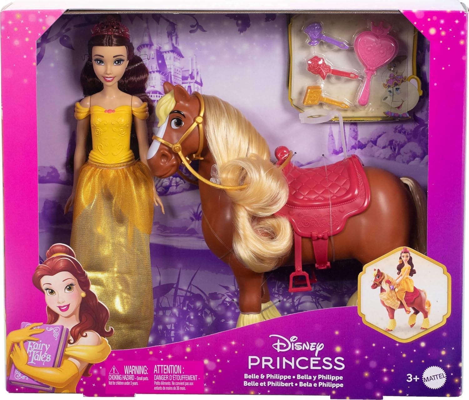 Disney Princess Belle & Philippe Horse Set | Mattel Fashion Doll with Styling Accessories & Brushable Mane - Jaiman Toys