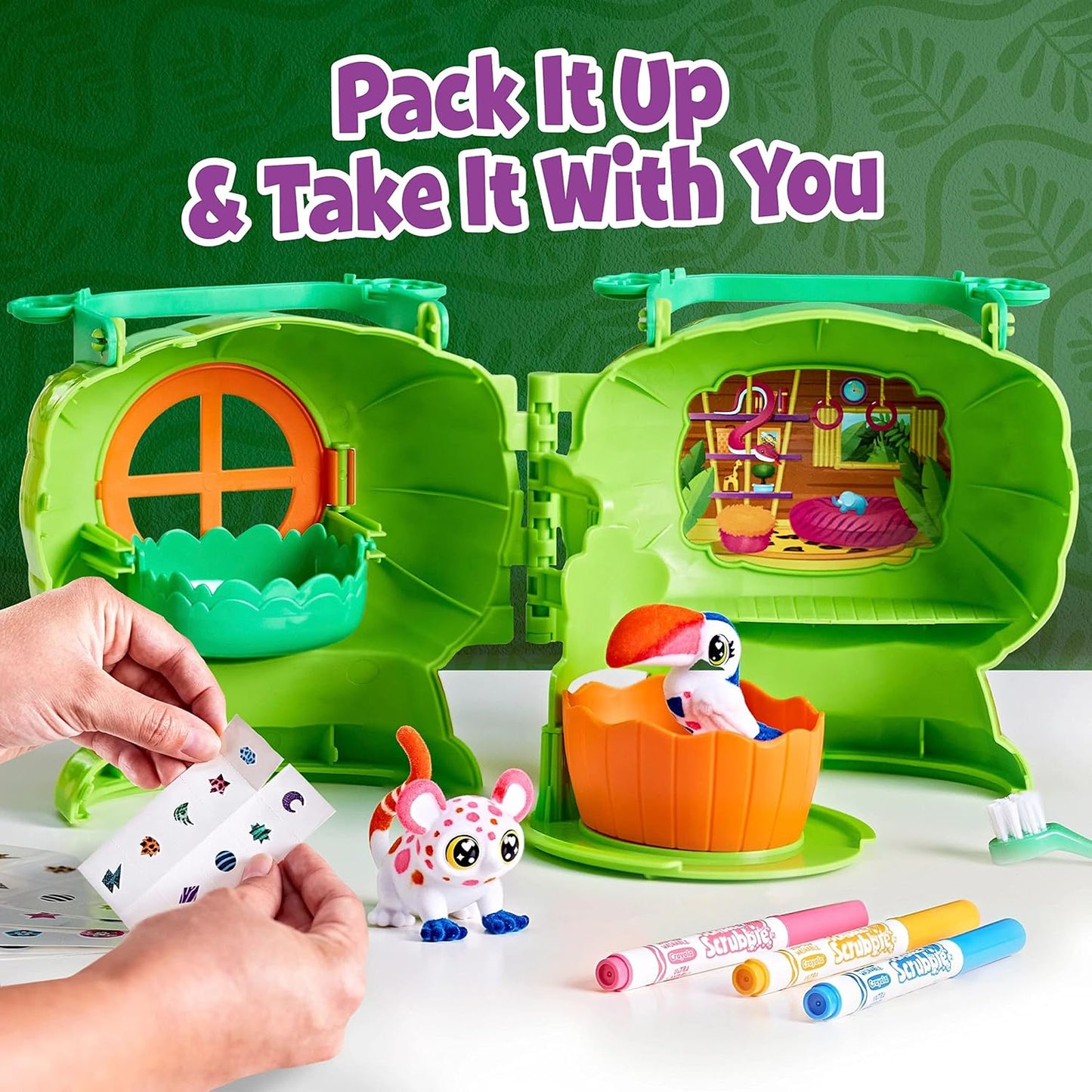 Crayola Scribble Scrubbie Pets Safari Treehouse Playset, Flocked Color and Wash Jungle Pets, Washable Markers, Stickers, Tub, Brush, Carry Case with Storage,3+