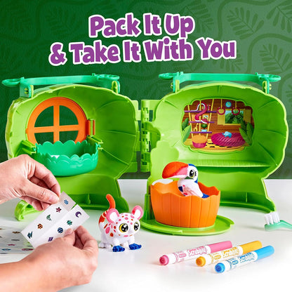 Crayola Scribble Scrubbie Pets Safari Treehouse Playset, Flocked Color and Wash Jungle Pets, Washable Markers, Stickers, Tub, Brush, Carry Case with Storage,3+