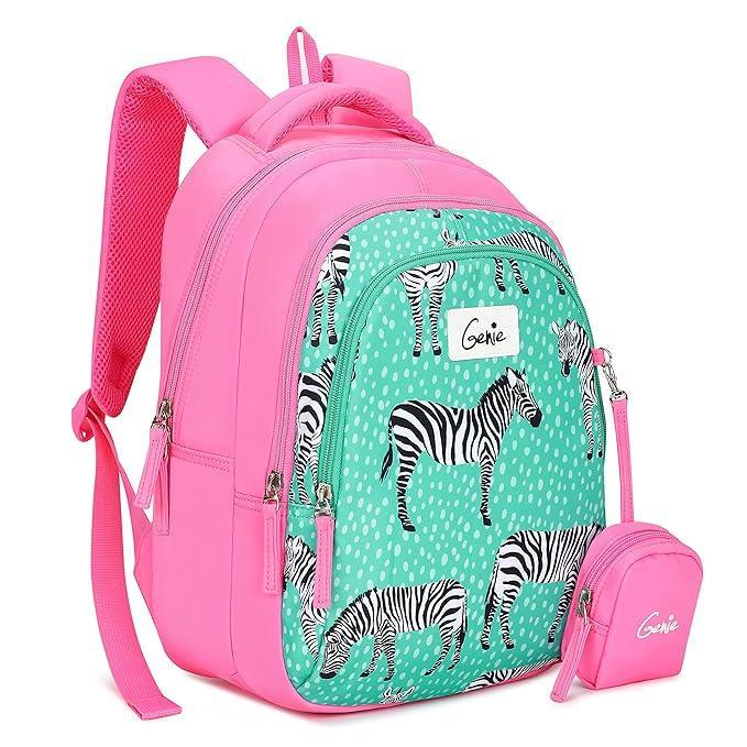 Genie Valerie Kids Backpacks, 15 inches, Cute, Colourful bags for girls, Water Resistant and Lightweight. 3 compartment with Happy Pouch - Jaiman Toys