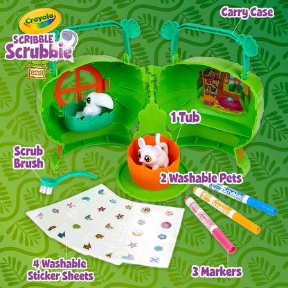 Crayola Scribble Scrubbie Pets Safari Treehouse Playset, Flocked Color and Wash Jungle Pets, Washable Markers, Stickers, Tub, Brush, Carry Case with Storage,3+