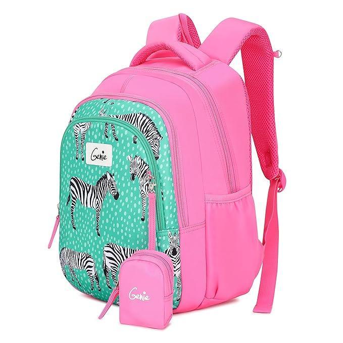 Genie Valerie Kids Backpacks, 15 inches, Cute, Colourful bags for girls, Water Resistant and Lightweight. 3 compartment with Happy Pouch - Jaiman Toys