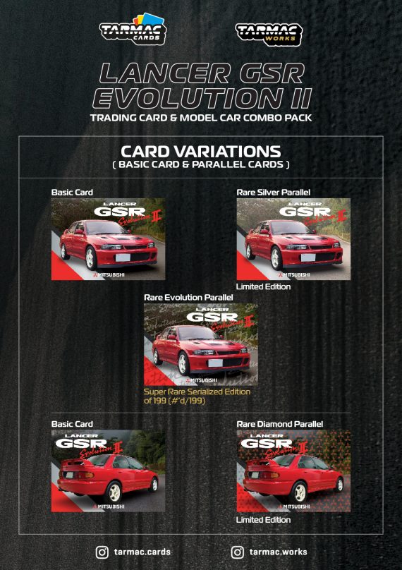 Tarmac Works GLOBAL64 1:64 Mitsubishi Lancer GSR Evolution II Red Diecast Model Car with Trading Cards Set (T64G-049-RE)