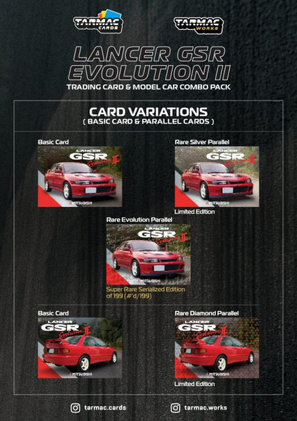 Tarmac Works GLOBAL64 1:64 Mitsubishi Lancer GSR Evolution II Red Diecast Model Car with Trading Cards Set (T64G-049-RE)