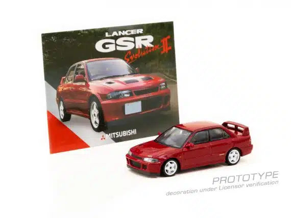 Tarmac Works GLOBAL64 1:64 Mitsubishi Lancer GSR Evolution II Red Diecast Model Car with Trading Cards Set (T64G-049-RE)