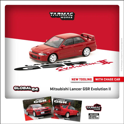 Tarmac Works GLOBAL64 1:64 Mitsubishi Lancer GSR Evolution II Red Diecast Model Car with Trading Cards Set (T64G-049-RE)