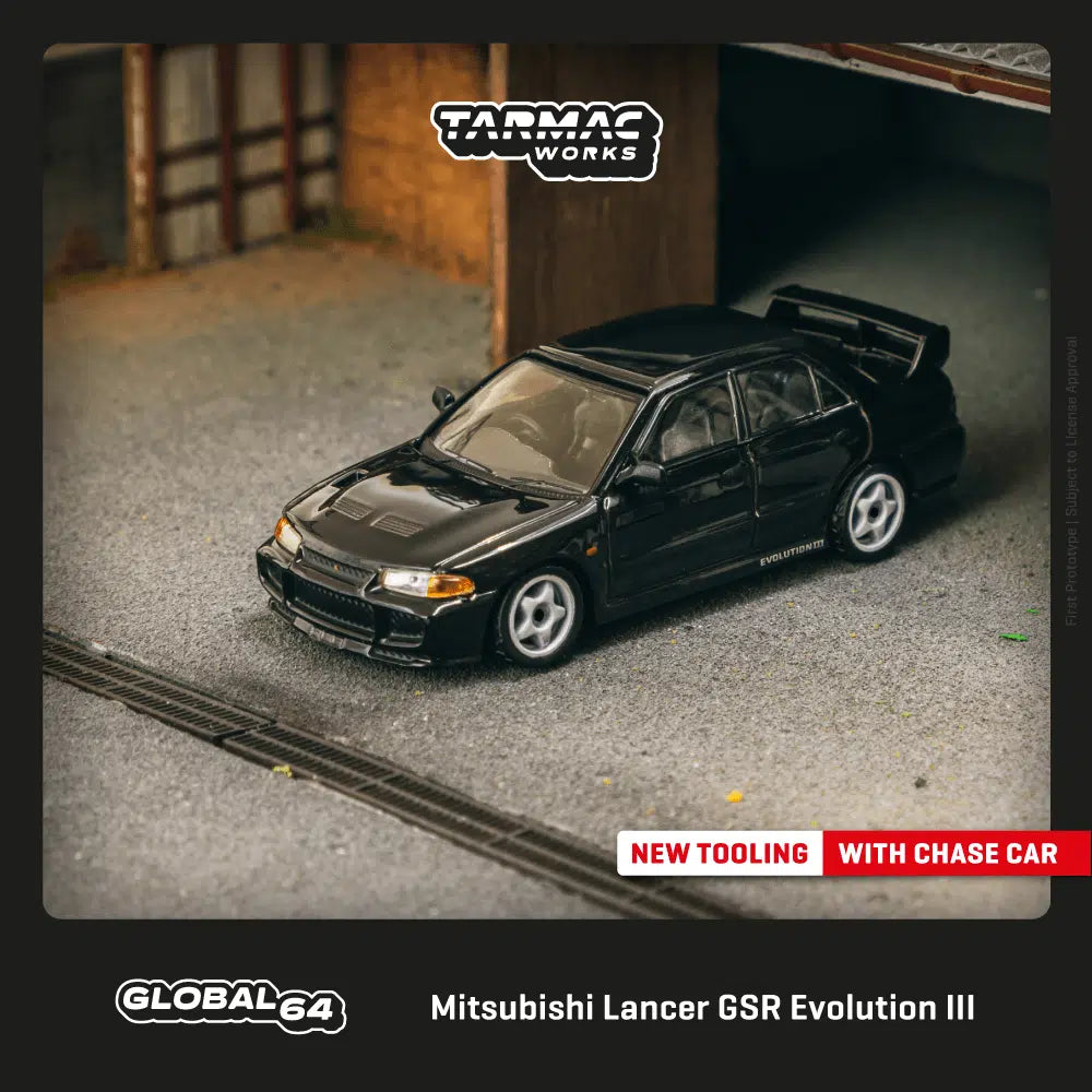 Tarmac Works GLOBAL64 1:64 Mitsubishi Lancer GSR Evolution III Black Diecast Model Car (T64G-050-BK)