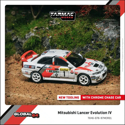 Tarmac Works GLOBAL64 1:64 Mitsubishi Lancer Evolution IV Rallye Monte-Carlo 1997 Diecast Model Car (T64G-076-97MCR01)
