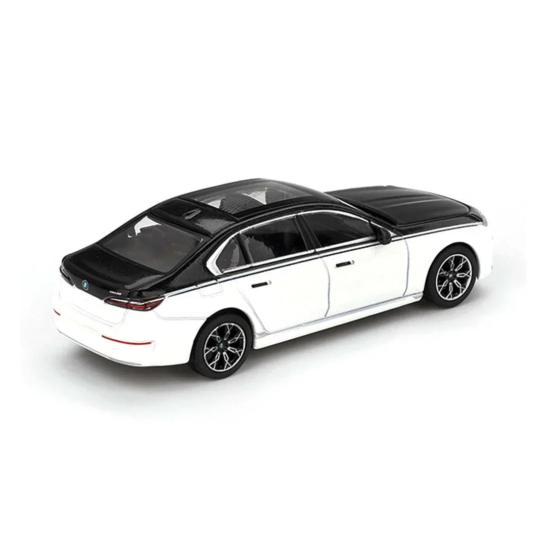 Mini GT BMW i7 xDrive60 – Alpine White / Black Sapphire | 1:64 Scale RHD Diecast Model Car - Jaiman Toys