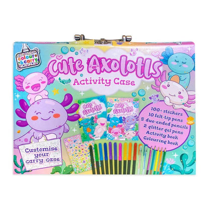 Cute Axolotl Activity Case – Ultimate Colour & Carry Set with 100+ Stickers, 10 Felt-Tip Pens, 5 Duo-Ended Pencils, 2 Glitter Gel Pens, Activity Book & Colouring Book! - Jaiman Toys