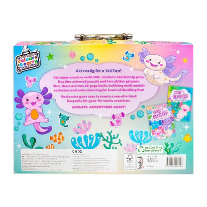 Cute Axolotl Activity Case – Ultimate Colour & Carry Set with 100+ Stickers, 10 Felt-Tip Pens, 5 Duo-Ended Pencils, 2 Glitter Gel Pens, Activity Book & Colouring Book! - Jaiman Toys