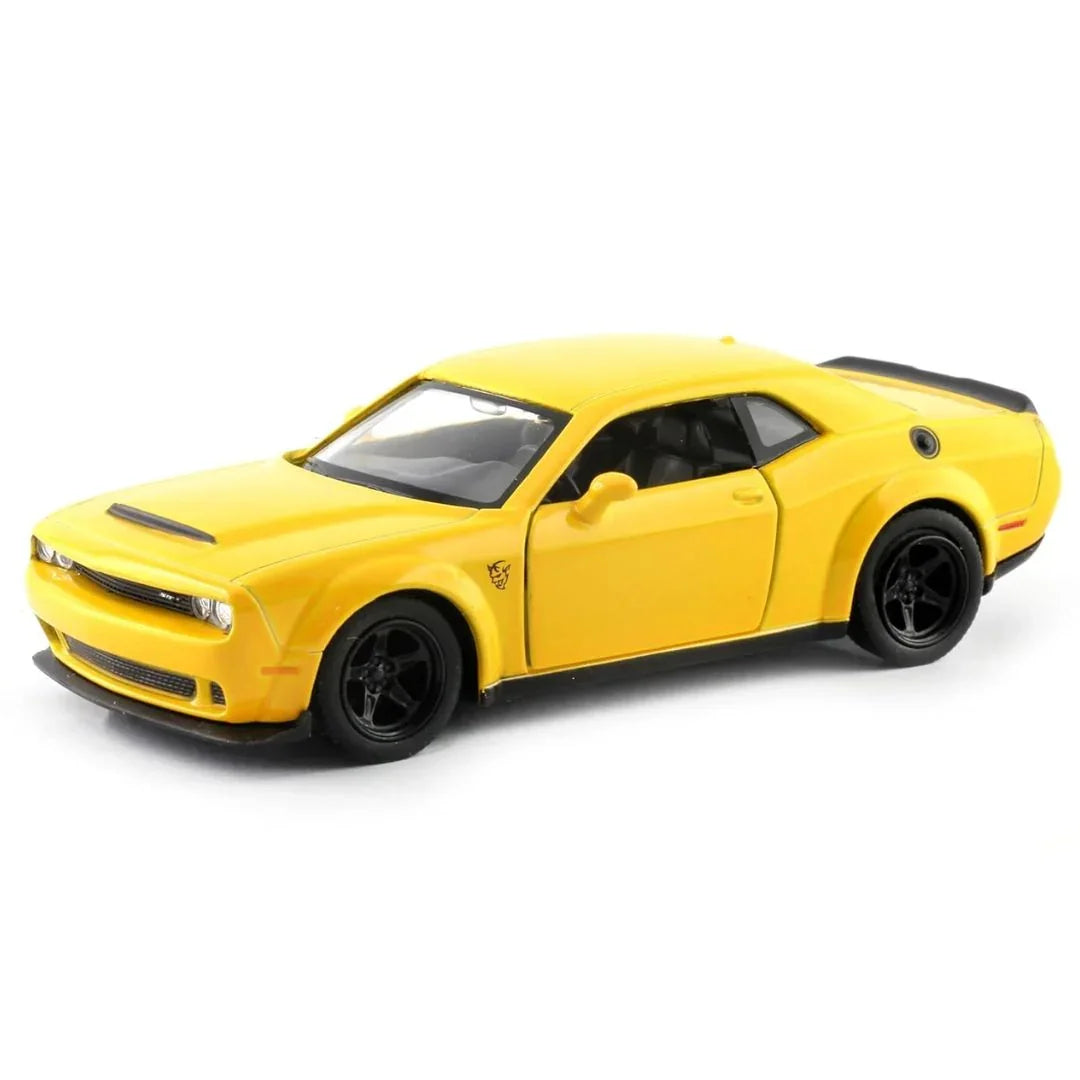 RMZ City 1:36 Dodge Challenger SRT Demon Die-Cast Car | Licensed Collectible with Opening Doors & Pull-Back Action | Metal Model Toy (Red / Yellow)