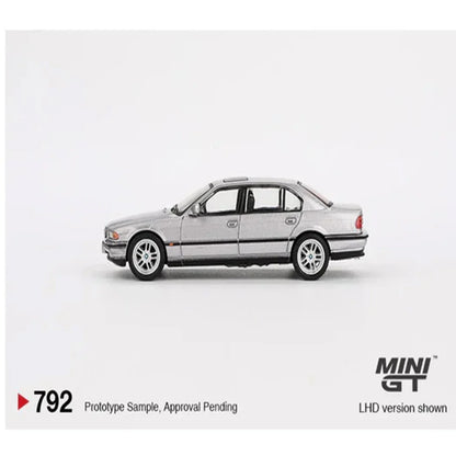 MINI GT 1:64 BMW 750iL Aspen Silver Metallic Diecast Model Car – Luxury Sedan Collectible with Display Box