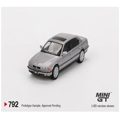 MINI GT 1:64 BMW 750iL Aspen Silver Metallic Diecast Model Car – Luxury Sedan Collectible with Display Box