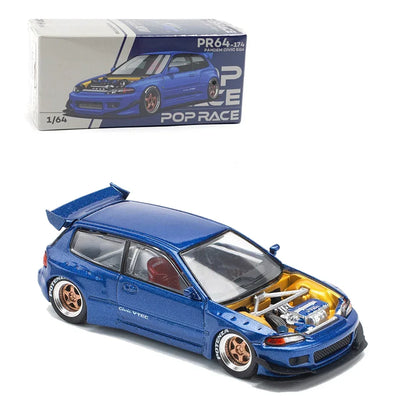 POP Race 1:64 Pandem EG6 Metallic Blue – Diecast Model Car with Open Hood