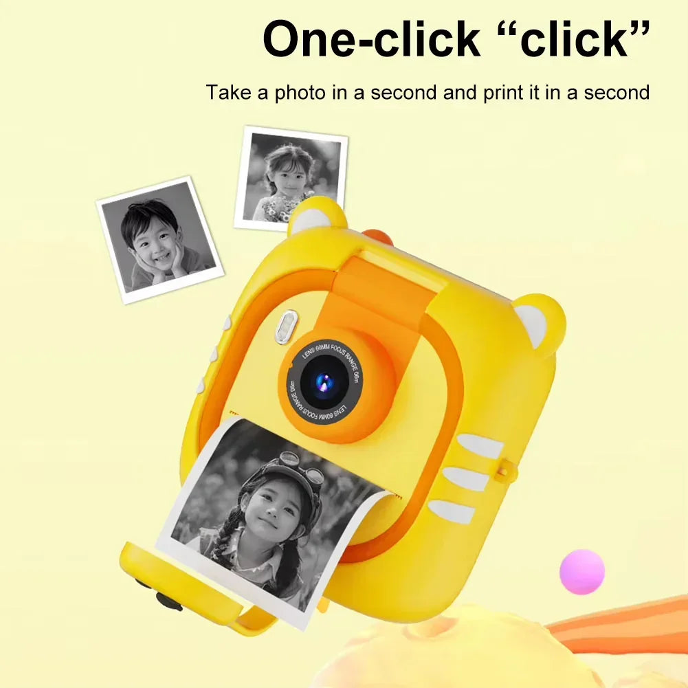 Instant Print Kids Camera – 48MP 1080P Video Toy with Rotating Lens & 6 Rolls - Yellow