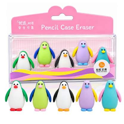 Penguin Pencil Case Eraser Set – 6 Cute Colorful Penguin Erasers in Transparent Pencil Case | Soft Rubber Novelty Erasers for Kids | School Stationery Gift Set