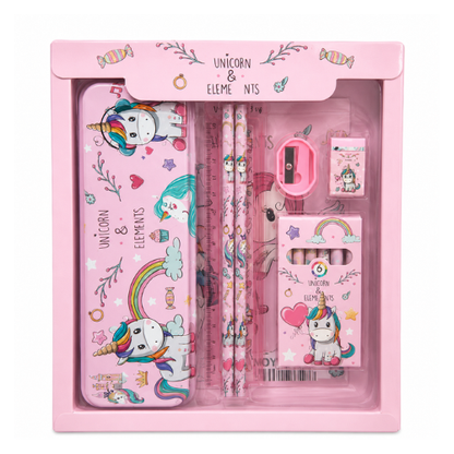 Unicorn & Elements Premium Stationery Gift Set for Kids – Pencil Box with 2 Pencils, Ruler, Sharpener, Eraser & 6 Mini Colour Pencils | Cute Unicorn School Supplies Kit