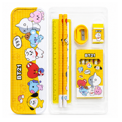 BT21 Premium Stationery Gift Set for Kids – Pencil Box with 2 Pencils, Ruler, Sharpener, Eraser & 6 Mini Colour Pencils | Cute School Supplies Kit