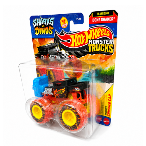 (Box Damaged) Hot Wheels Monster Trucks Bone Shaker – Sharks vs Dinos Series | Die-Cast Monster Truck with Crushable Car | Mattel Collectible Toy (FYJ44)