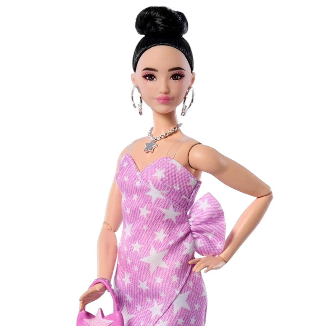 Barbie Deluxe Style Doll #11 in Pink Denim Dress with Printed Stars and Matching Tights Black Hair Tied High Knot JJN71