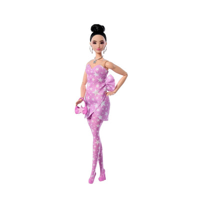 Barbie Deluxe Style Doll #11 in Pink Denim Dress with Printed Stars and Matching Tights Black Hair Tied High Knot JJN71