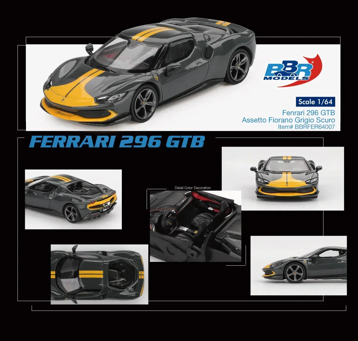 BBR Models 1:64 Ferrari 296 GTB Assetto Fiorano Grigio Scuro Diecast Model Car (2024 Edition)