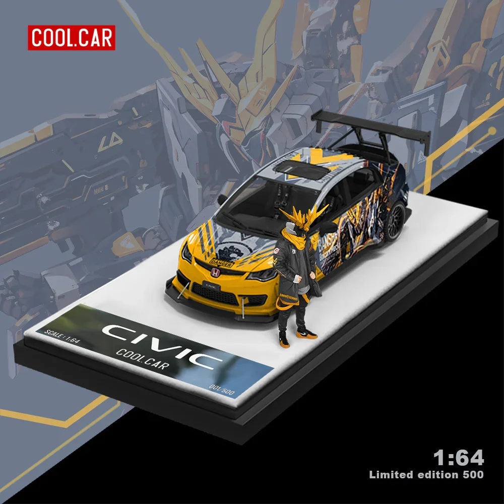 Cool Car 1:64 Honda Civic Explosive Modification Gray Mecha – Puppet Version Diecast Model | Limited Edition with Figurine