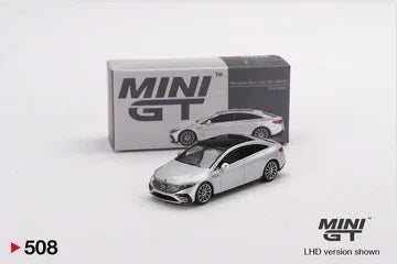 Silver collectible MINI GT die-cast model car with box, scale car toy display