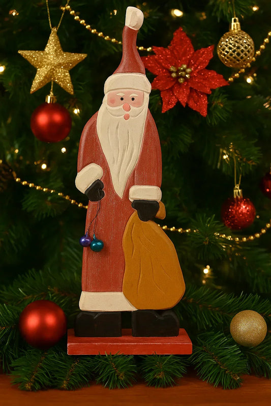 Handcrafted Wooden Santa Figurine | Rustic Christmas Table Décor with Gift Sack