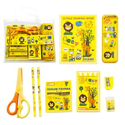Kids Stationery Gift Set with Drawing Book, Pencil Case, Crayons, Scissors & Writing Supplies | School Essentials Kit for Boys & Girls | Portable PVC Carry Bag | Animal Theme