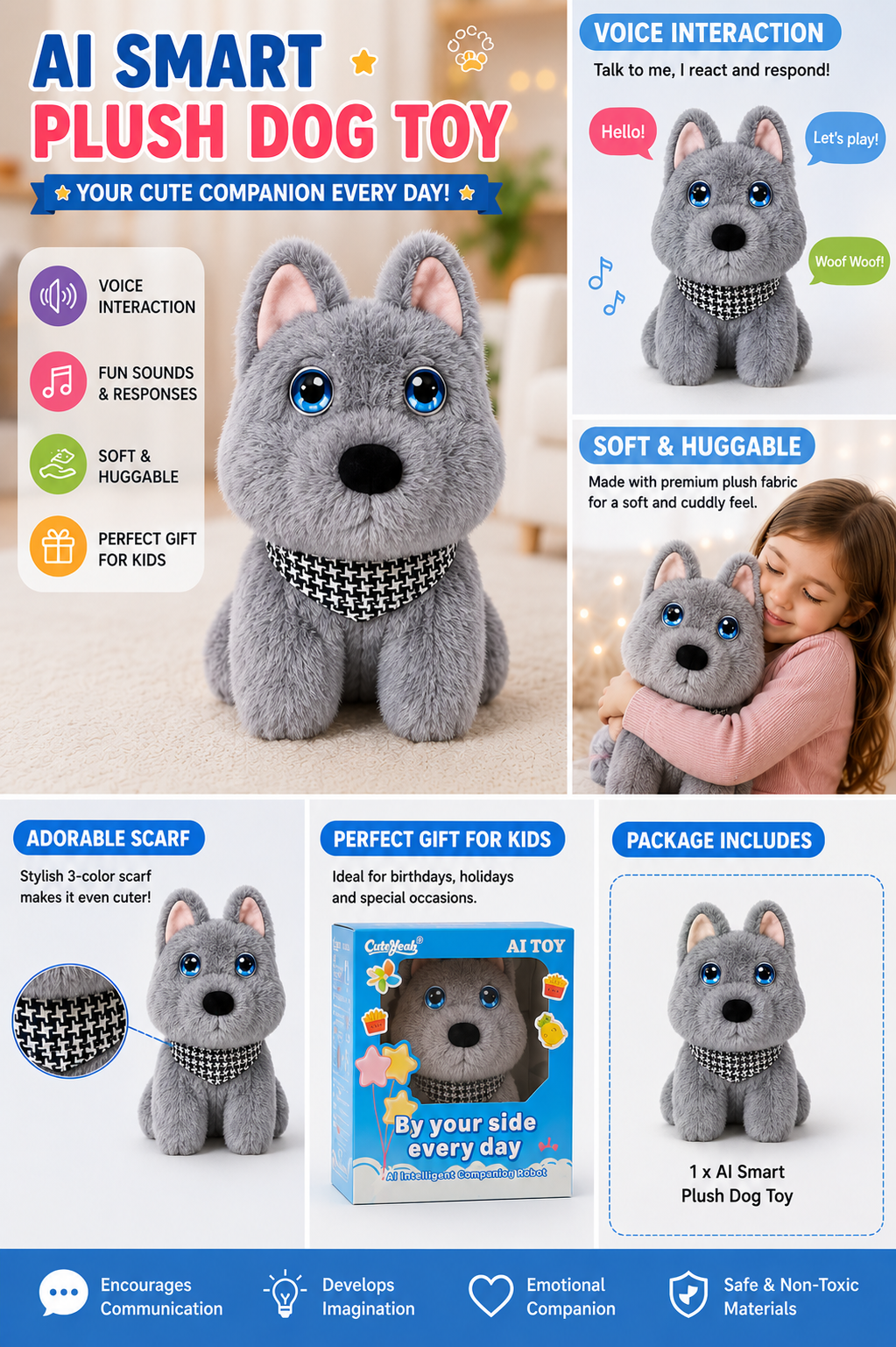 Breatoi! AI Smart Interactive Plush Dog Toy with Voice Interaction, Soft Stuffed Puppy Companion, Talking & Sound Responsive Plush Animal for Kids | Gift for Boys & Girls 3+ Years - Grey