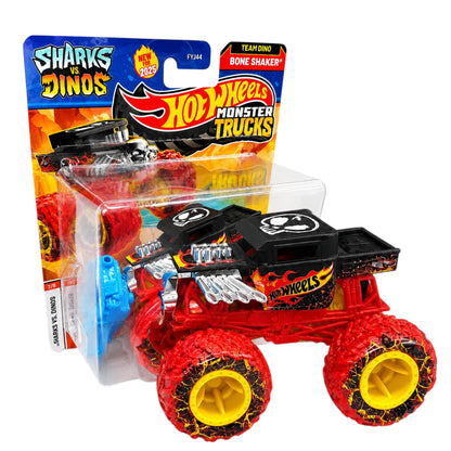 (Box Damaged) Hot Wheels Monster Trucks Bone Shaker – Sharks vs Dinos Series | Die-Cast Monster Truck with Crushable Car | Mattel Collectible Toy (FYJ44)