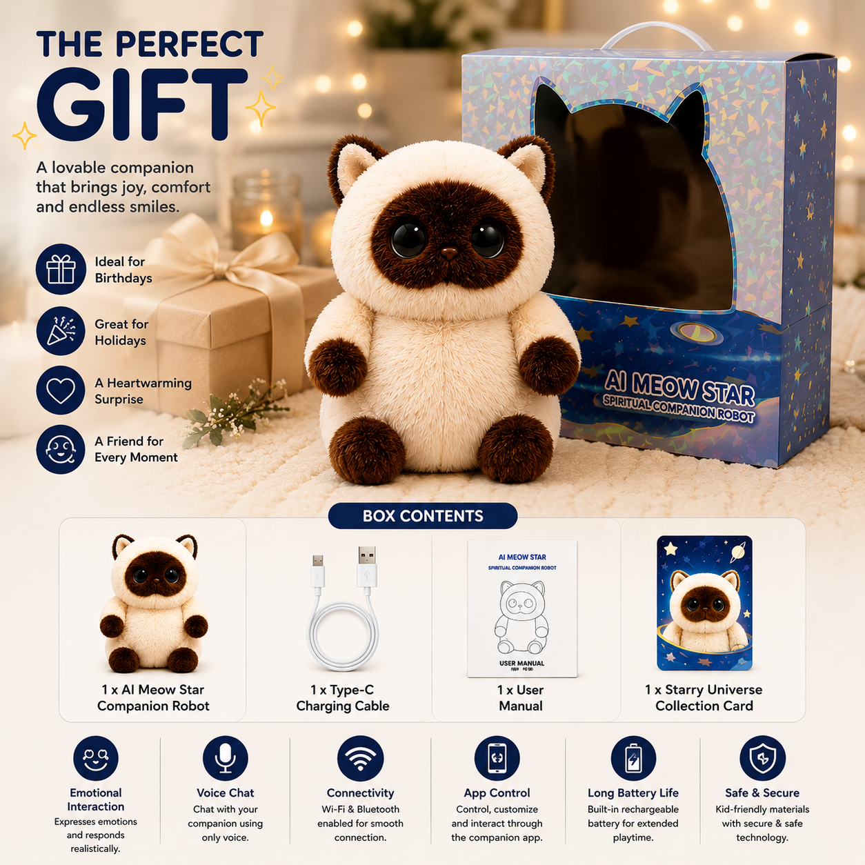 Breatoi! Smart AI Companion Robot Pet | Voice Chat, Emotional Interaction, App-Controlled Desktop AI Robot | Wi-Fi & Bluetooth Interactive Smart Companion for Kids & Adults - AI Meow Star