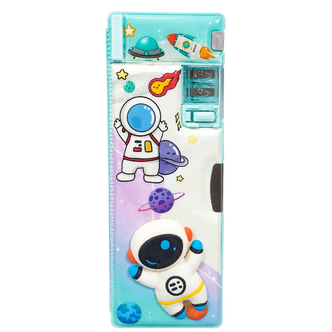 Space Astronaut Kids Pencil Box with Built-in Sharpener | Large Capacity Multifunction Stationery Organizer | Aqua Blue