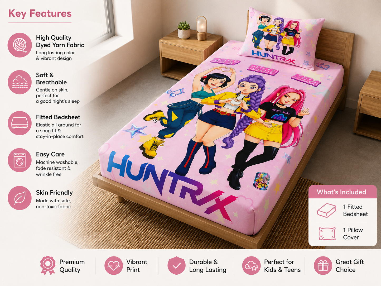 Huntrix Deluxe Character Fitted Bedsheet Set Single | 60 x 90 Inch Soft Microfiber Bedsheet with 1 Pillow Cover | Pink