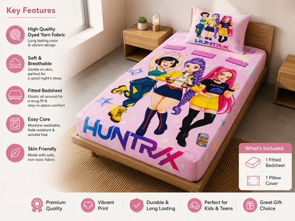 Huntrix Deluxe Character Fitted Bedsheet Set Single | 60 x 90 Inch Soft Microfiber Bedsheet with 1 Pillow Cover | Pink