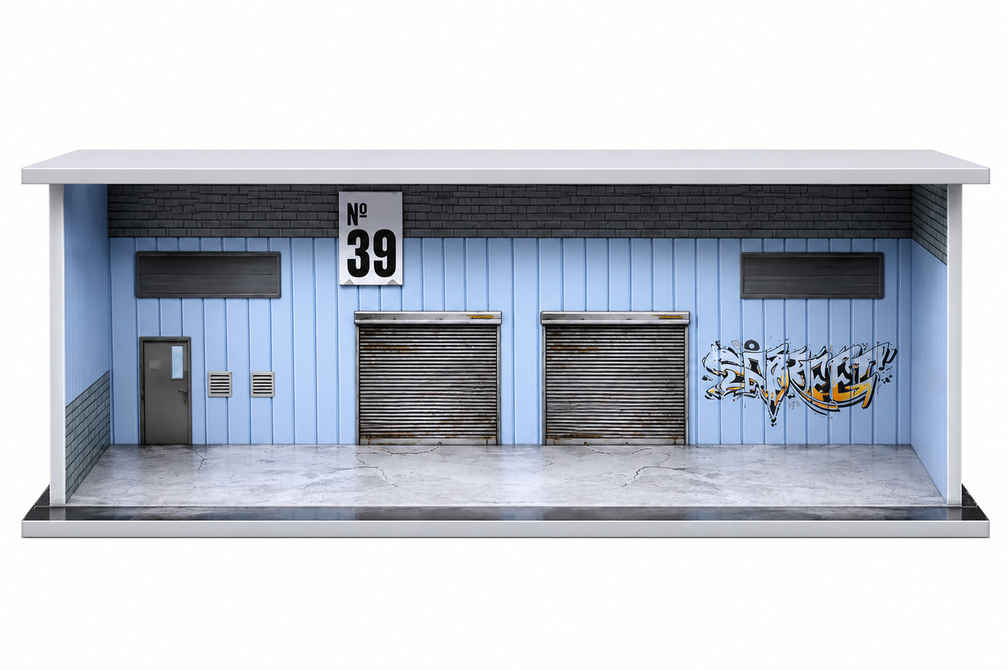 M-COOL Premium 1:64 Scale Double Garage Diorama Display with Industrial Warehouse Scene | Blue Collectible Model Car Display Base