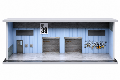 M-COOL Premium 1:64 Scale Double Garage Diorama Display with Industrial Warehouse Scene | Blue Collectible Model Car Display Base