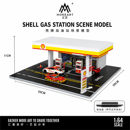 MOREART 1:64 Shell Gas Station Scene Model LED Diorama Display for Diecast Cars | Premium Miniature Display
